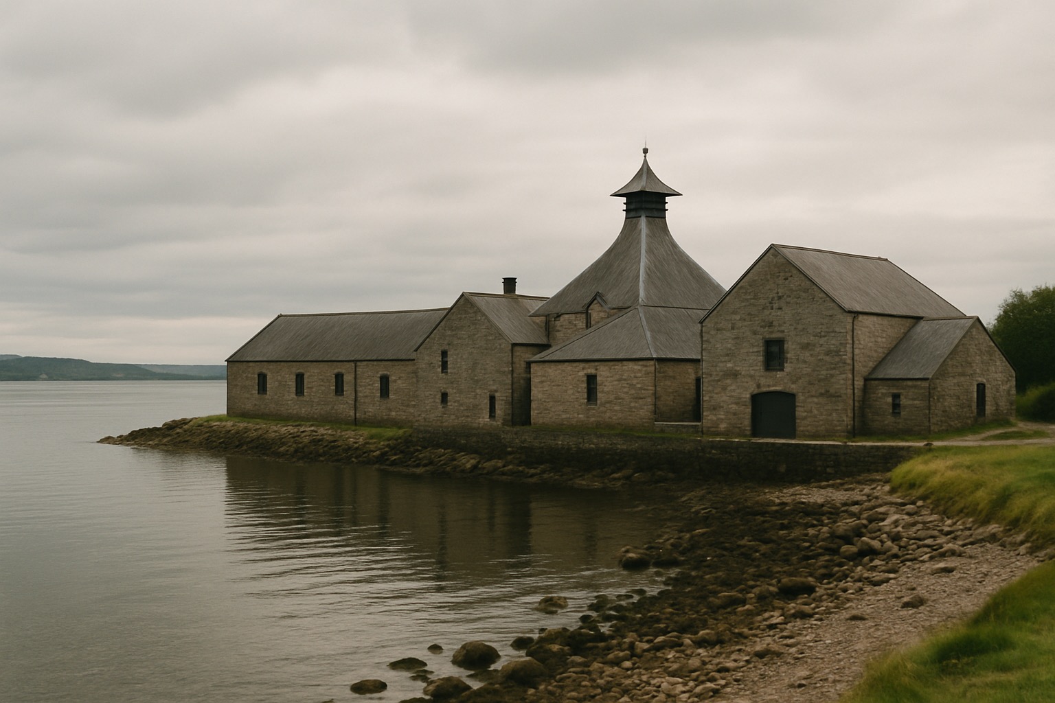 Coastal Highland distillery buildings on the Dornoch Firth