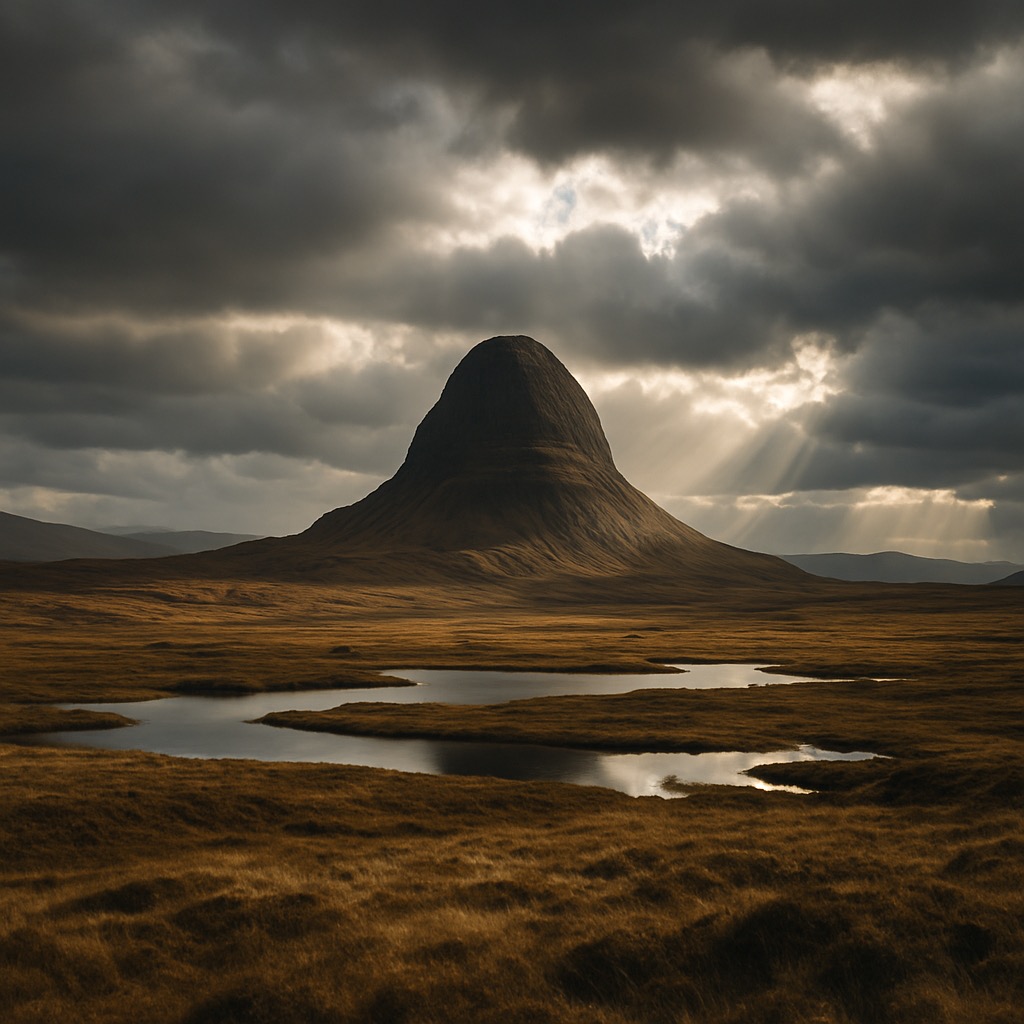 Isolated Assynt mountain rising from open moorland
