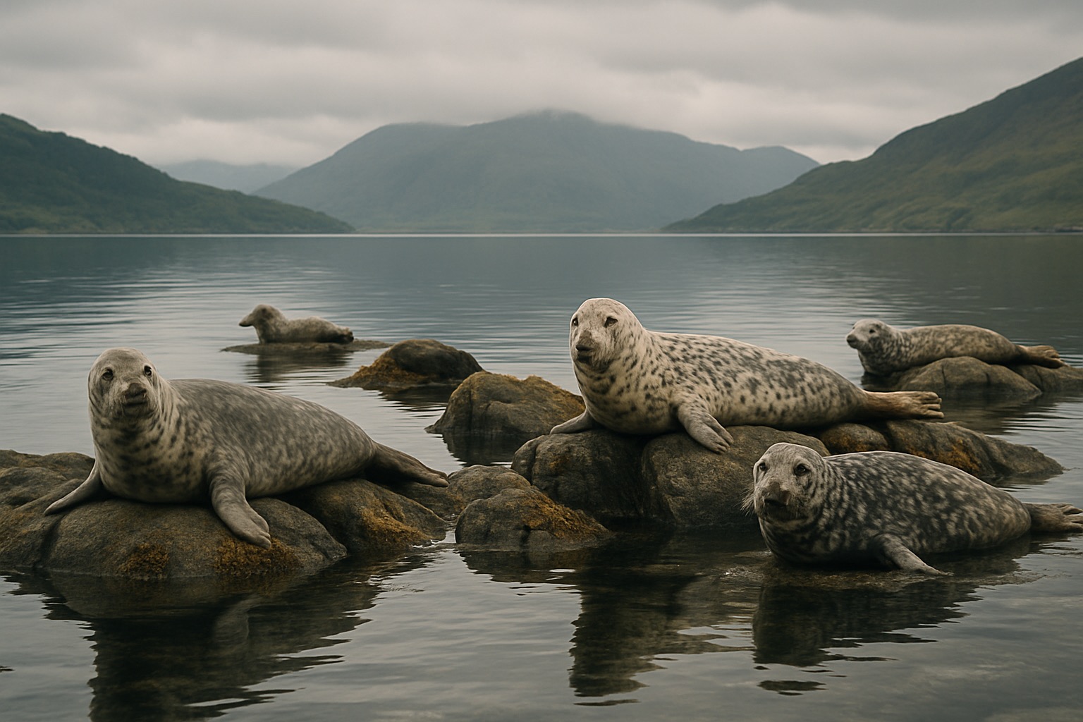 Grey seals resting on rocks near a Highland sea loch