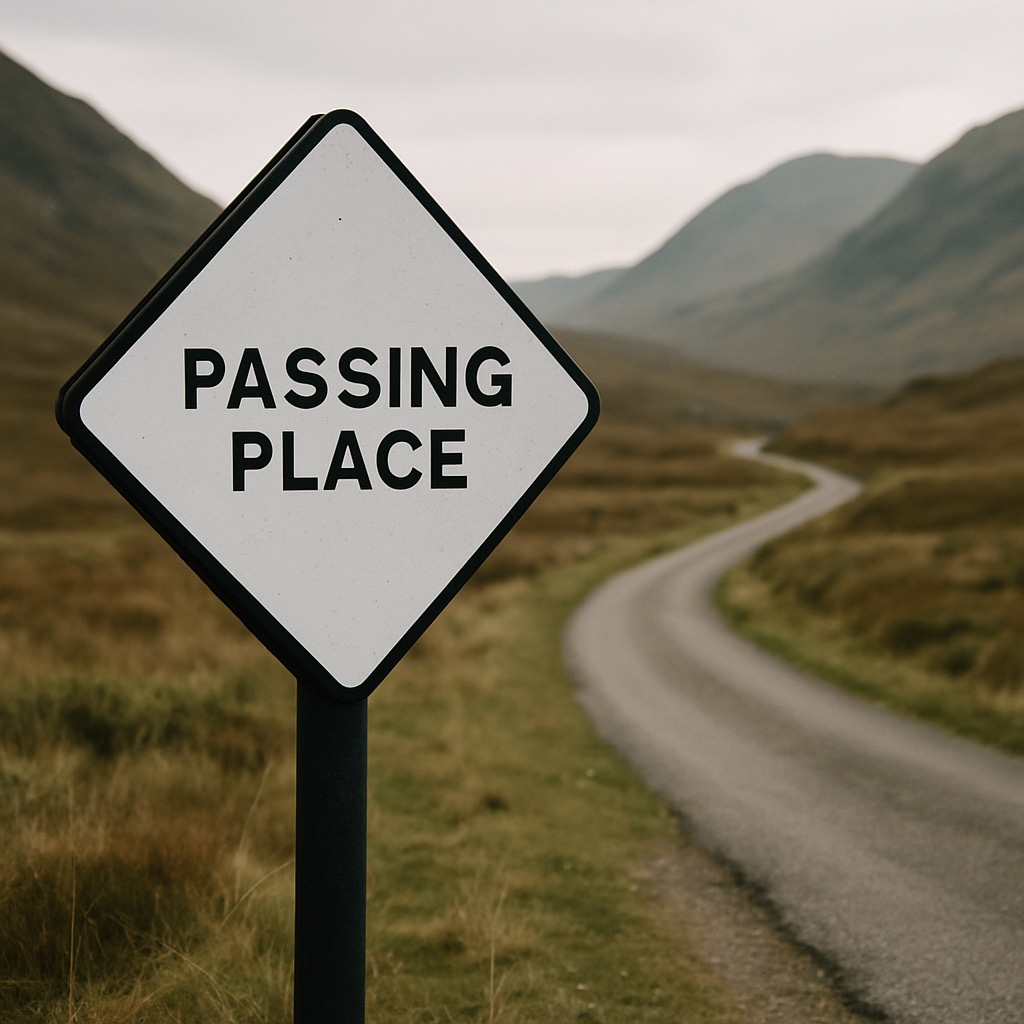 Single-track road with a diamond passing-place marker post