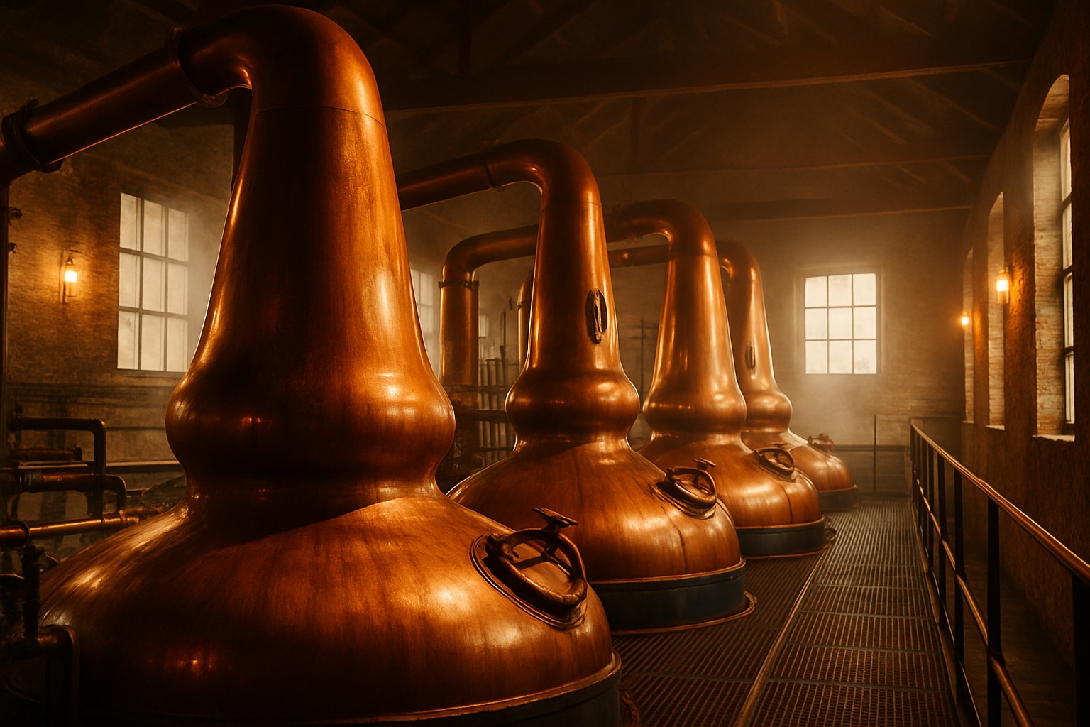 Copper pot stills inside a Highland whisky distillery