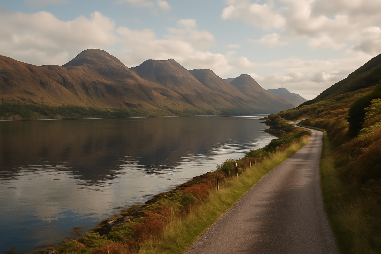 Single-track road along Loch Carron with mountains behind